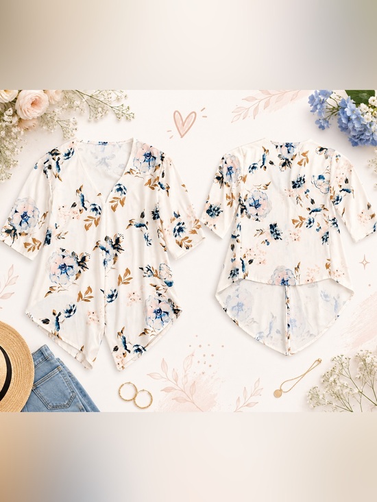 Tops - Floral V-Neck Peplum Top in White with Blue Bloom Print